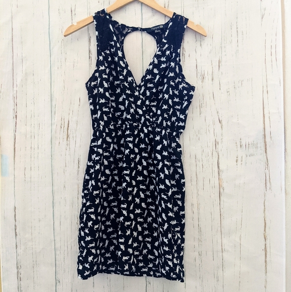 3/$20 Forever 21 Black White Cat Print Lace Dress - Picture 3 of 13